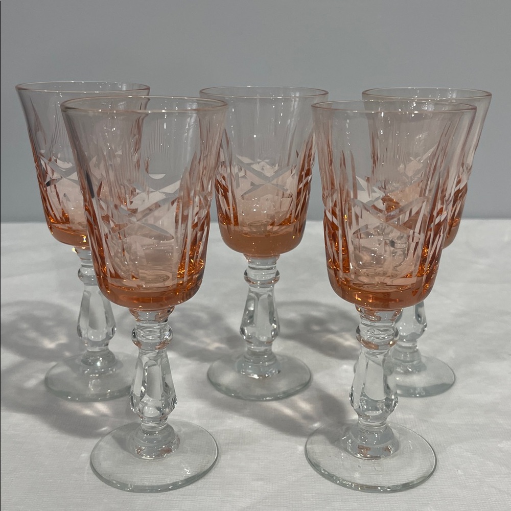 Mid-century Modern Elegant Pink Cut Crystal 4oz apéritif Wine Glasses Set of 5
